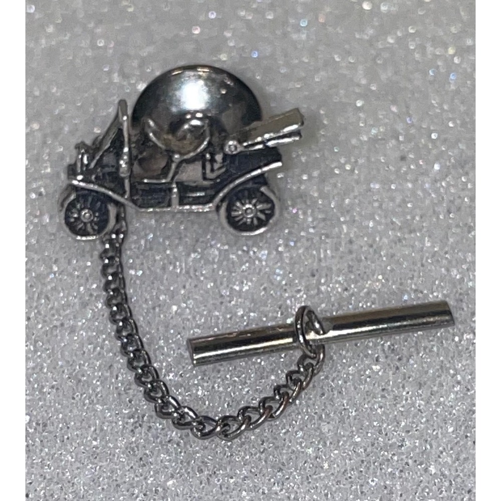 Sarah Coventry Vintage Silver Tone Antique Car Tie Tac Chain T-Bar Men Accessory